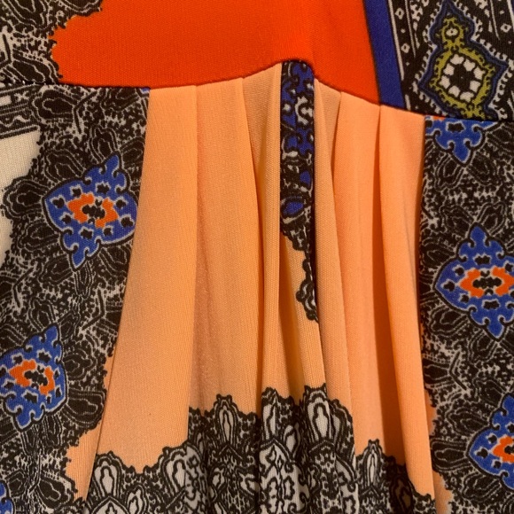Boston Proper Orange, Blue, Tan, and Black Maxi Dress with scarf waist tie. - Picture 7 of 8